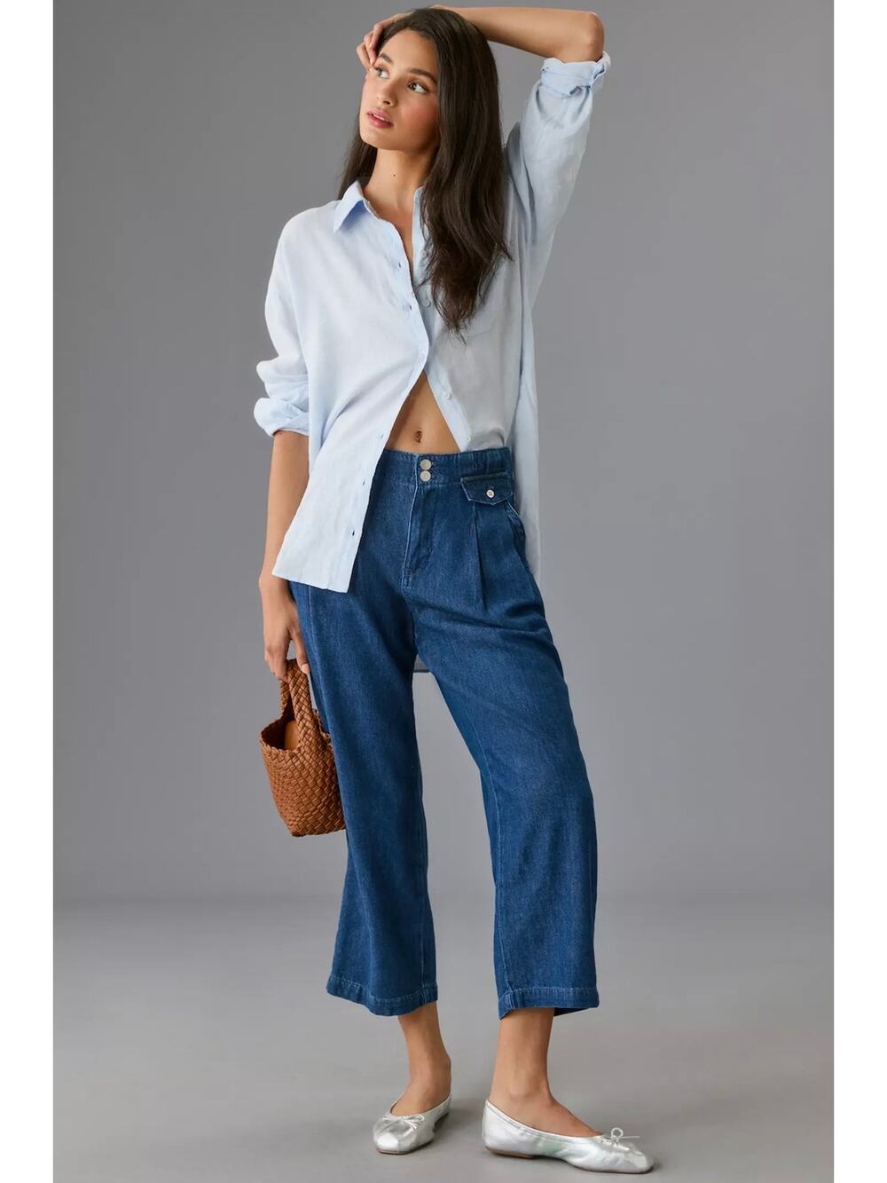 Pilcro Womens 30 Blue Denim Mid Rise Crop Wide Leg Pleated Trouser Jeans